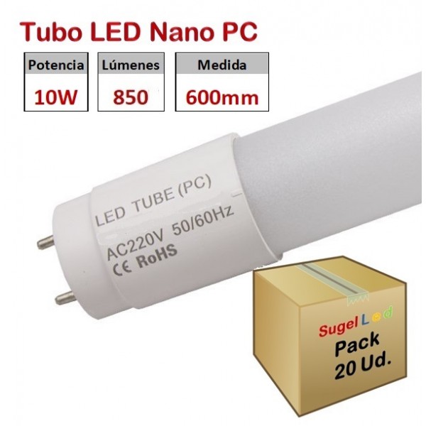 Tubo LED T8 600mm Nano PC Eco 10W, conexión 1 lado, Caja de 20 ud x 3,00€ ud.