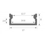Perfil Aluminio Anodizado Superficie Plata 17x8mm. para tiras LED, barra de 2 Metros -completo- (a 8,70€/m)