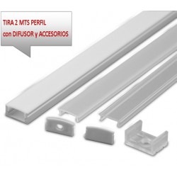 Perfil Aluminio Anodizado Superficie Plata 17x8mm. para tiras LED, barra de 2 Metros -completo- (a 8,70€/m)