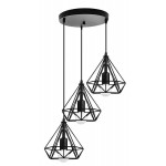 Lámpara Colgante Vintage estructura metálica Negra Diamante con 3 p/lampara E27 con cable y florón redondo