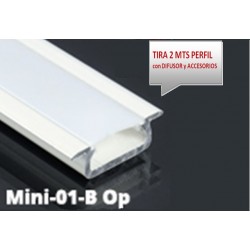 Perfil Aluminio Empotrar 20,5x7mm. para tiras LED, barra 2 metros -completo- (a 4,95€/mt)