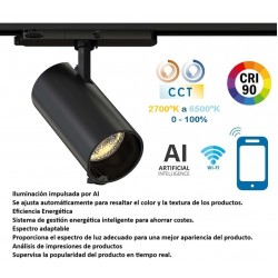 Foco Carril RETAIL Trifásico LED COB 30W Negro CRI90 SMART CCT Wifi, para Smartphone y control AI